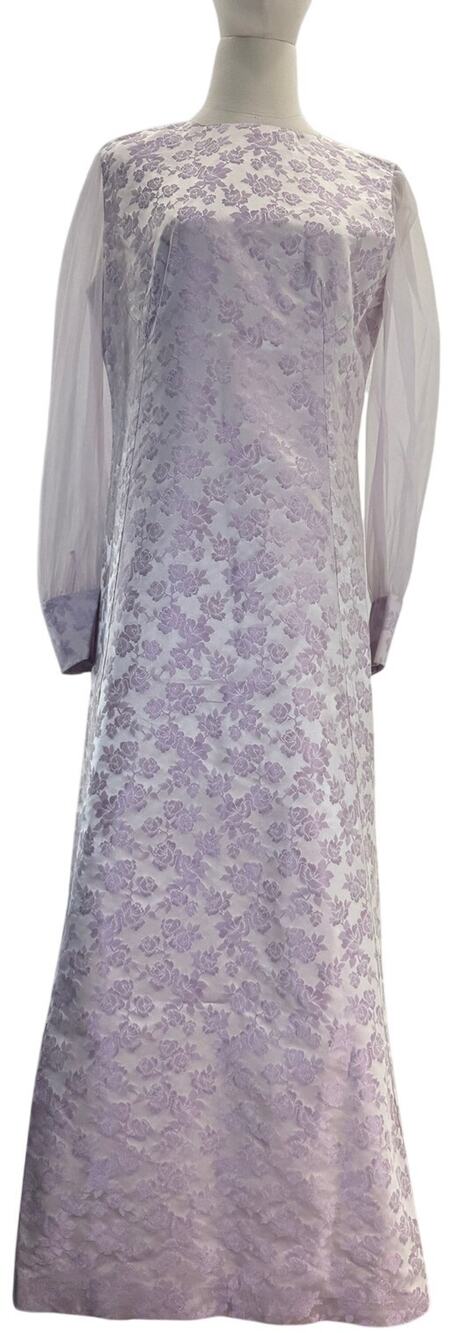 Vintage 60s Lavender Satin A-Line Maxi Dress Sheer Sleeve Women's Medium